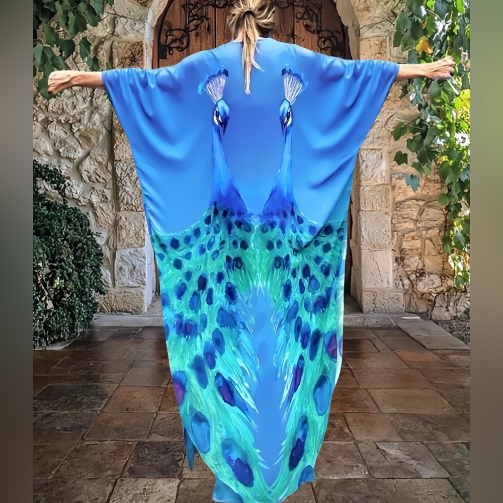 Luxury Two Piece Pants Set Blue Peacock Kimono & Pants Swimsuit Coverup.